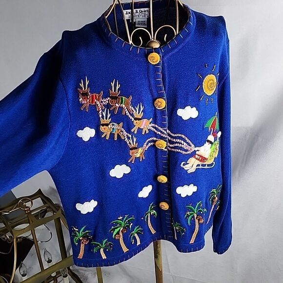 Tropical Island Santa Claus, Sleigh & Reindeer with Sparkle Palms Sweater Size L - Picture 1 of 13